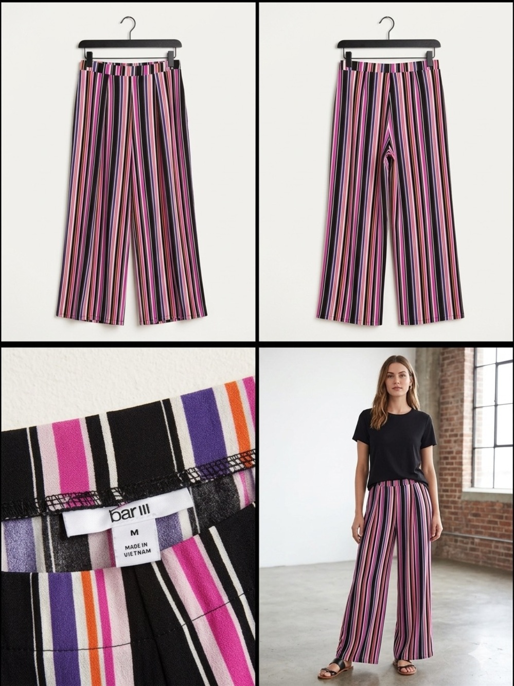 Bar III Black, Pink & Purple Striped Wide-Leg Pants